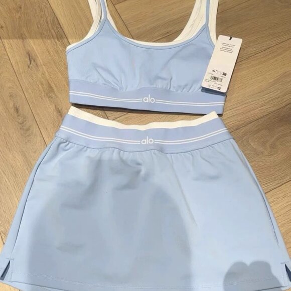 Auth Alo Yoga Airbrush Better Together Bra And Tennis Skirt Set Seashell Blue - Picture 2 of 4